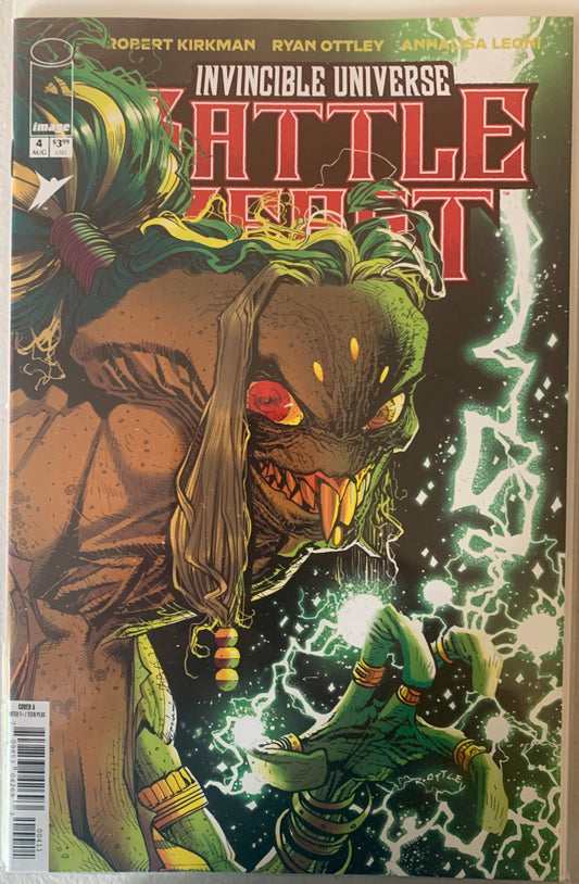 Comic book cover featuring a creature with green hair and lightening coming from its hand, with text 'Invincible Universe Battle Beast' on a dark background.