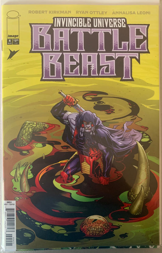 Comic book cover of 'Battle Beast' from the Invincible Universe series with a character holding a sword in water being menaced by a creature.