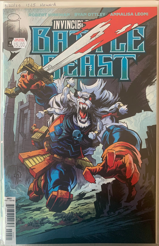 Comic book cover featuring a warrior beast with a bloody sword, titled 'Invincible Universe Battle Beast'.
