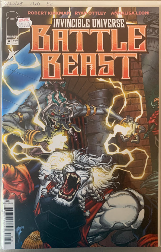 Comic book cover titled 'Battle Beast' from the Invincible Universe with Battle Beast fighting a Creature with lightening coming out of its hands.