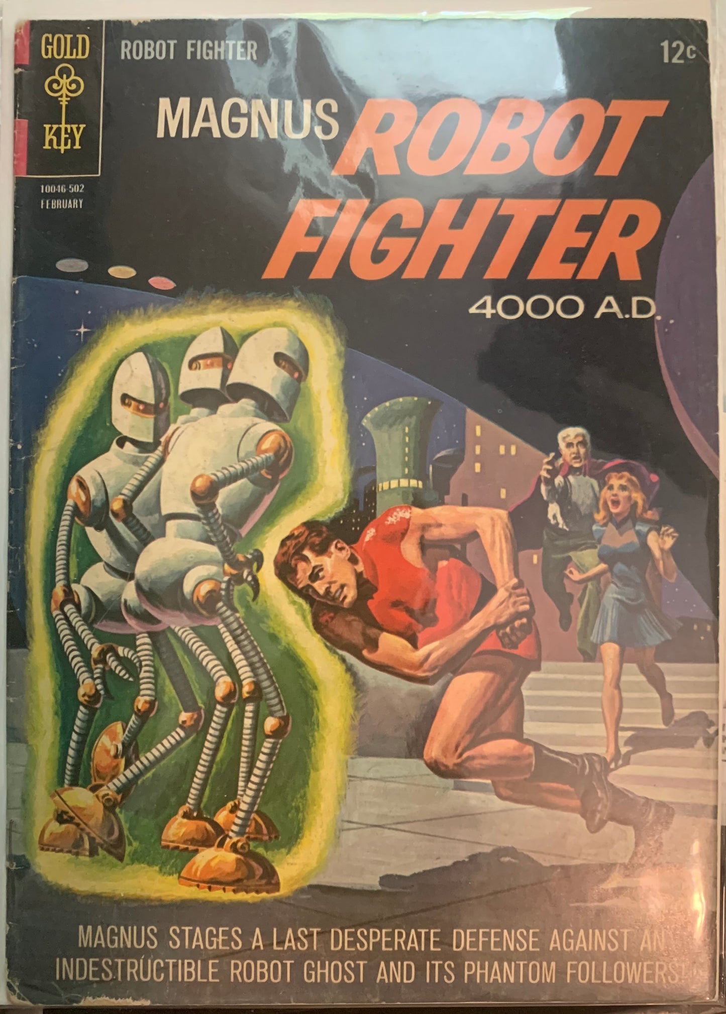 Vintage Comic book cover of 'Magnus Robot Fighter 4000 A.D.' featuring an indestructible robot ghost and its phantom followers. 