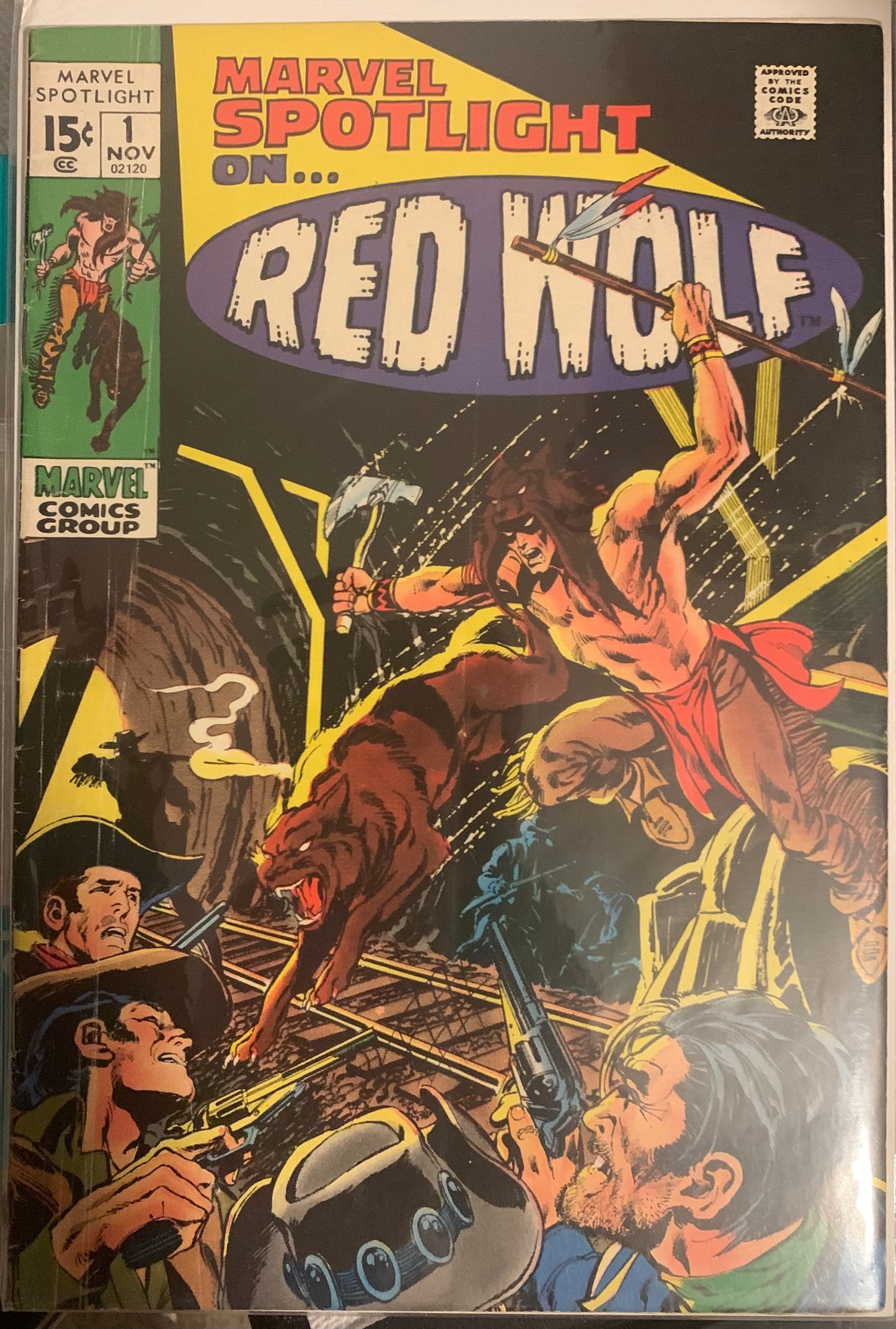 Vintage Comic book cover featuring 'Marvel Spotlight on Red Wolf' with action-packed western scene in a mining tunnel.