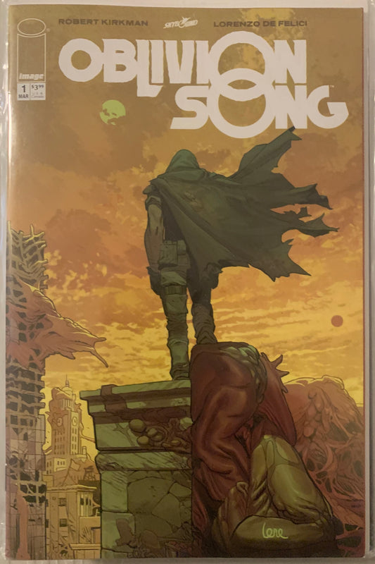 Comic book cover titled 'Oblivion Song' with a figure in a hooded cloak in a dystopian setting.