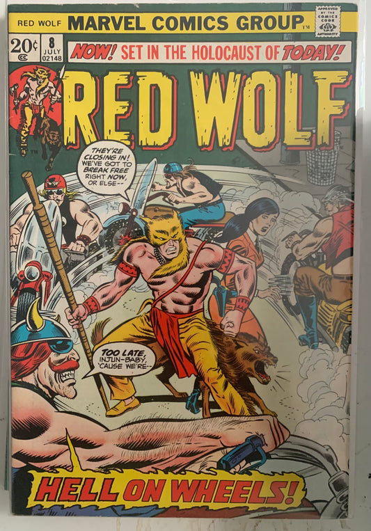 Comic book cover featuring 'Red Wolf' with action-packed scene and text. Hell on Wheels!