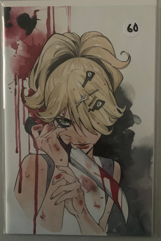 Comic book Cover with an Illustration of an anime character with blonde hair, holding a bloody knife.