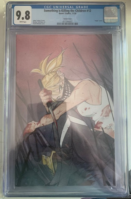 Graded Comic book in a protective CGC case with a character with bloody clothes holding a bloody knife and wearing a mask. 
