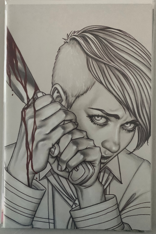Comic book cover with an Illustration of a woman holding a machete with blood running down it on a plain, white background.
