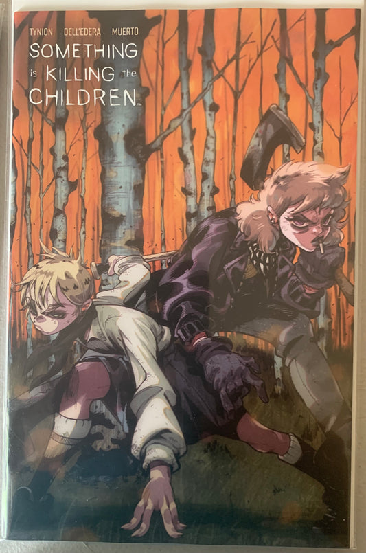 Comic Book cover of 'Something is Killing the Children' with two characters with an axe and a knife in a tense forest setting