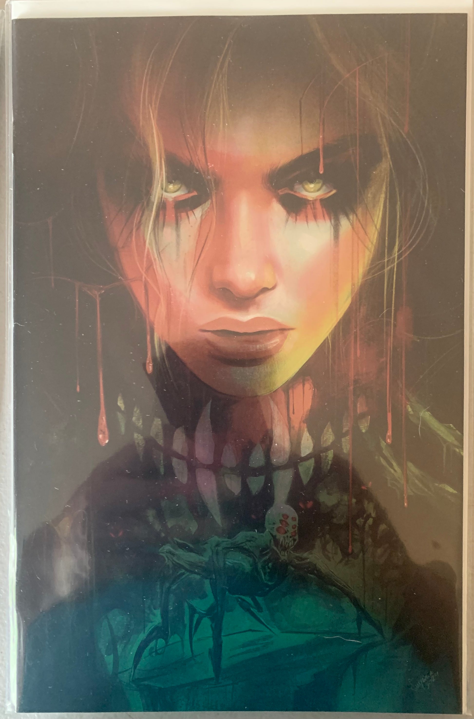 Comic Book Cover with Artistic depiction of a woman with a mask pulled down around her neck and an insect-like creature at the bottom. 