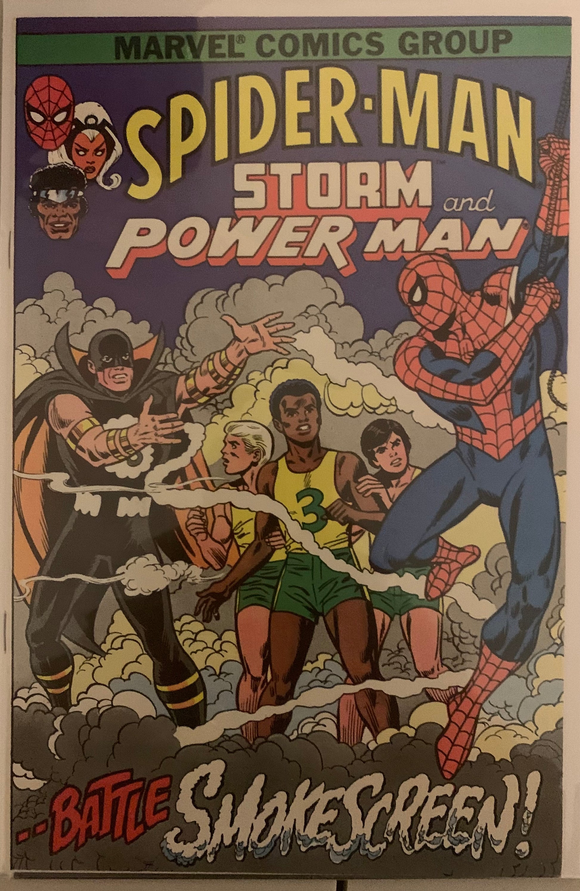 Vintage comic book cover featuring Spider-Man, Storm, and Power Man with text 'Marvel Comics Group'. Anti-smoking campaign targeting kids. 
