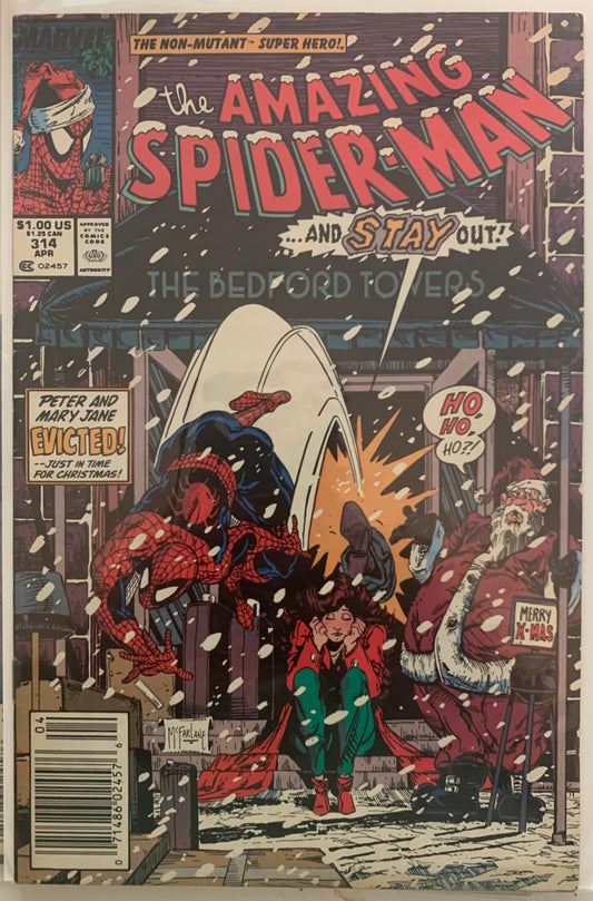 Vintage Comic book cover featuring 'The Amazing Spider-Man' with a snowy scene and Santa Claus. Todd McFarland Cover. Peter and Mary Jane evicted!