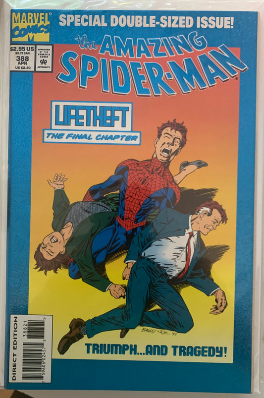 Comic book cover of 'The Amazing Spider-Man' featuring a crying Spider-Man holding two other characters with text 'Lifetheft: The Final Chapter'. Triumph... and Tragedy!
