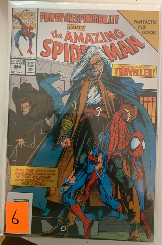 Comic book cover featuring Spider-Man with text 'Defeated by Traveler!' and a Peter Parker clone in the background