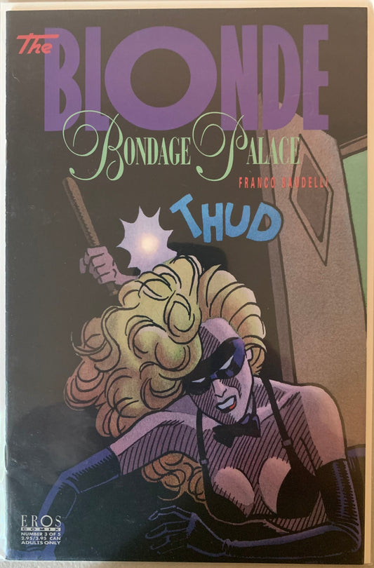 Comic book cover titled 'The Blonde Bondage Palace' with a stylized illustration of a blonde character hit from behind by a club.
