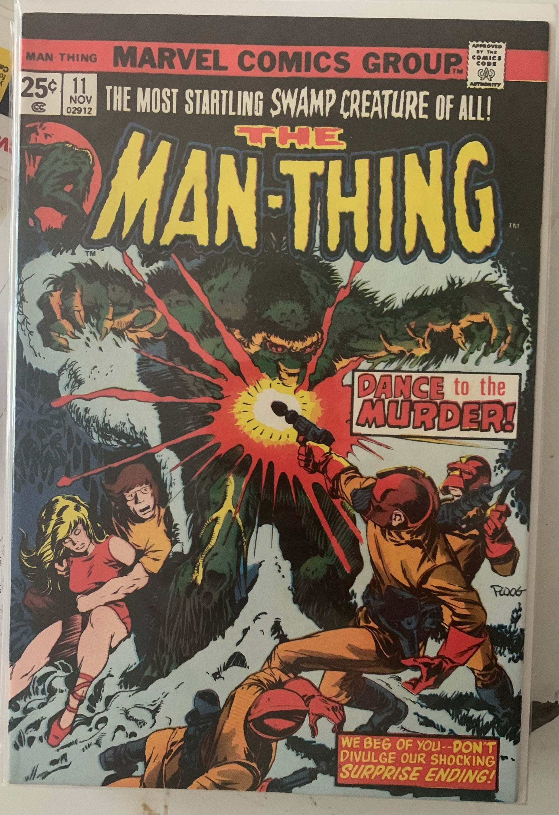 Comic book cover featuring 'The Man-Thing' The Most startling creature of all! Dance to the Murder! Shocking Surprise Ending!