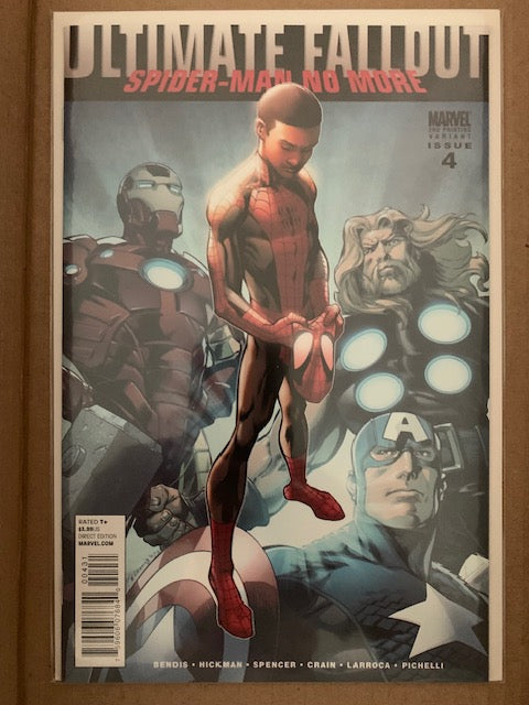 Comic book cover featuring Spider-Man and Iron Man and Captain America and Thor with a dark background