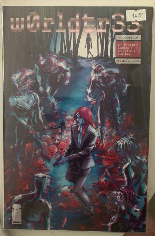 Comic book cover with a woman in a suit surrounded by creatures in a forest setting.