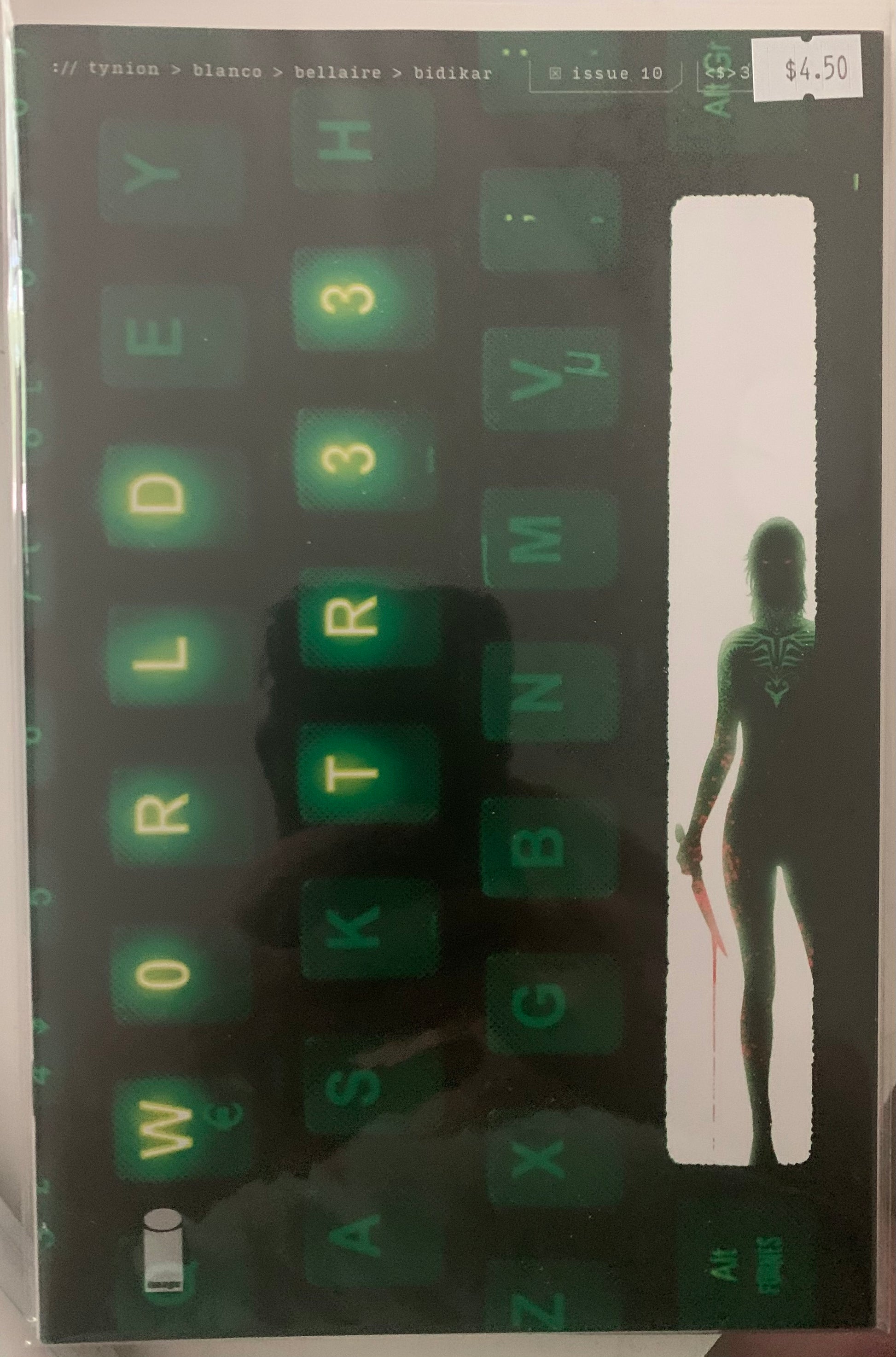 Comic book cover with a Keyboard with green letters and a silhouette of a person holding a bloody knife. 