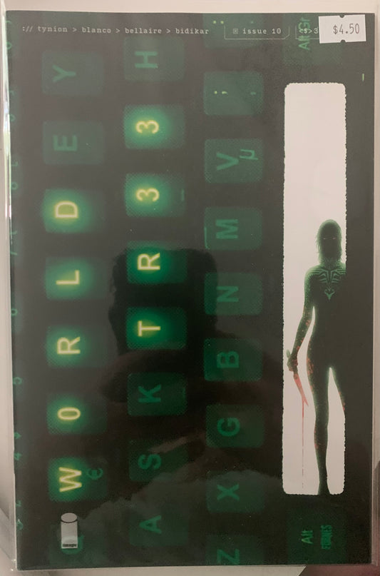 Comic book cover with a Keyboard with green letters and a silhouette of a person holding a bloody knife. 