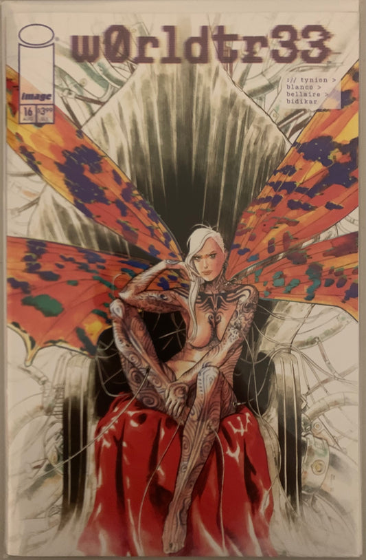 Comic book cover with a stylized heavily tattooed, nude, human figure with dragonfly wings, featuring the text 'w0rldtr33'.