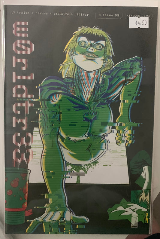 Comic book cover with a green character crawling out of a comuter screen and text on a black background.