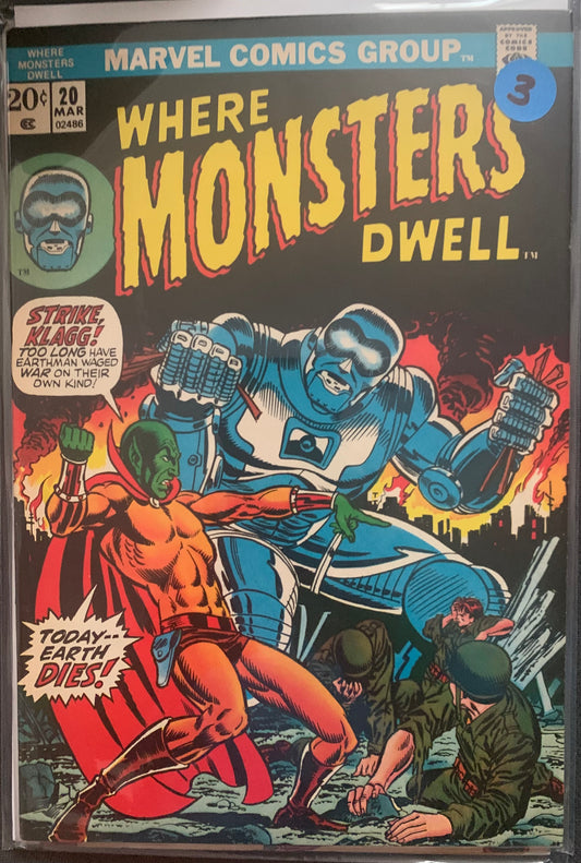 Vintage Comic book cover featuring two superheroes and a villain with text 'Where Monsters Dwell' from Marvel Comics Group.