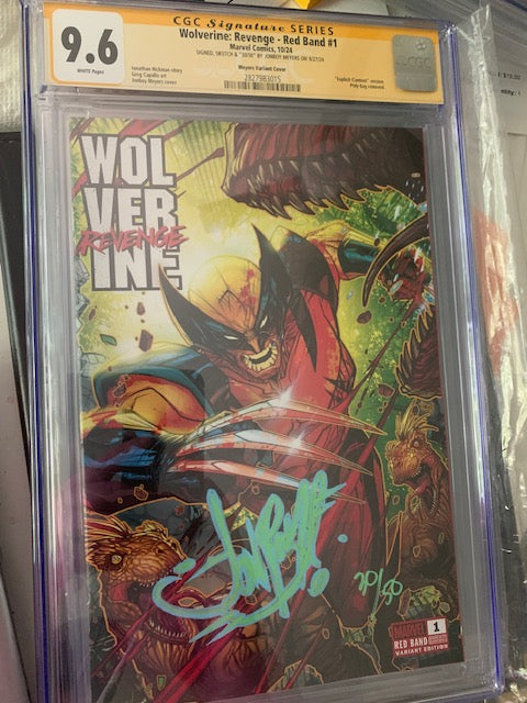 Comic book with a CGC grading label and signature on a clear protective case. Wolverine fighting a T-Rex